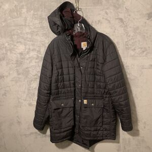 Carhartt Quilted Hooded Utility Jacket in Black with Burgundy plaid Lining